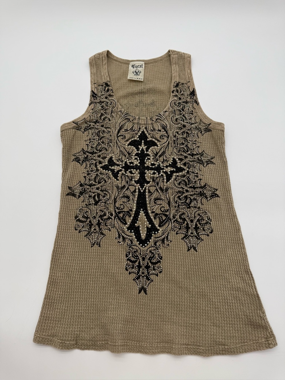 Vocal Apparel Womens Biker Crystal White Black Cross Tank Top Shirt M Medium USA